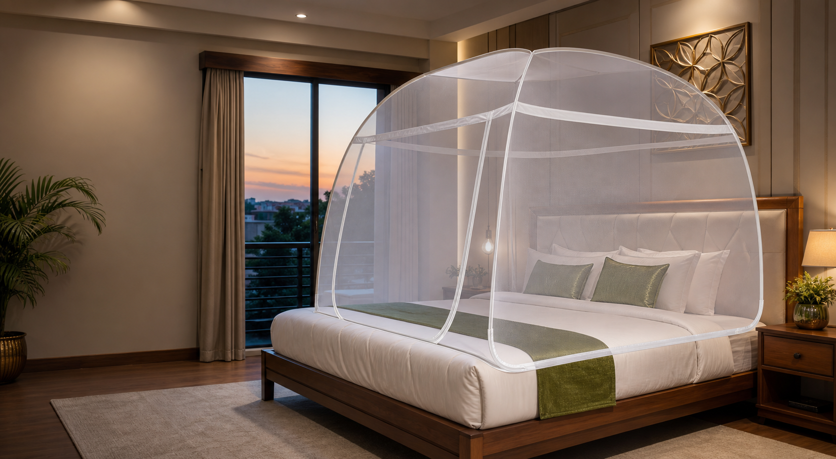 Premium mosquito net in a peaceful bedroom
